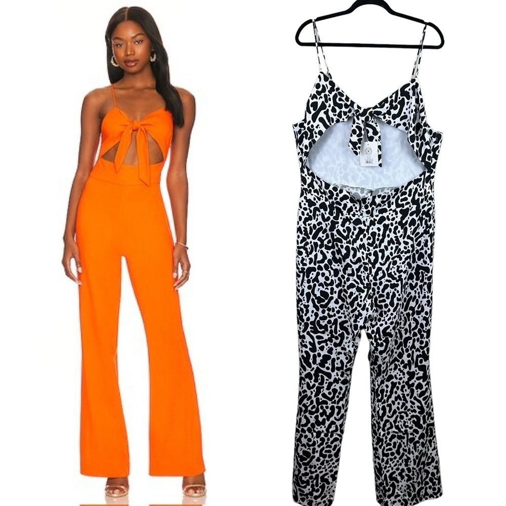 NWT Lita by Ciara Revolve Tie Front Cut Out Jumpsuit Cheetah Black White XXL